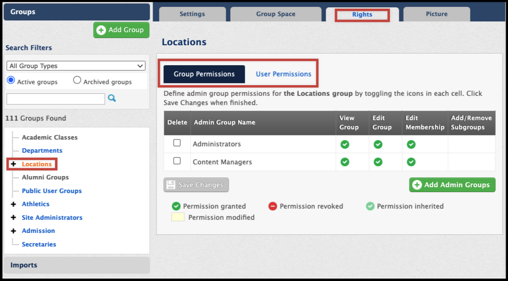 The Rights tab on a top-level group in Group Manager