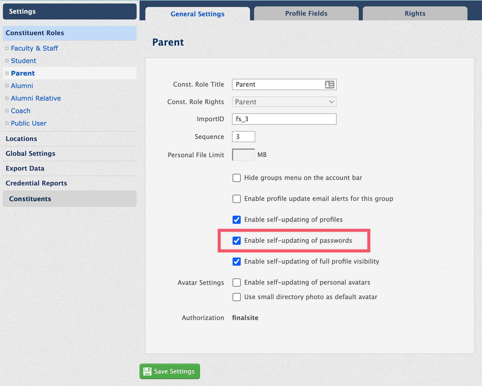 Constituent Manager role settings with self-updating passwords checkbox highlighted