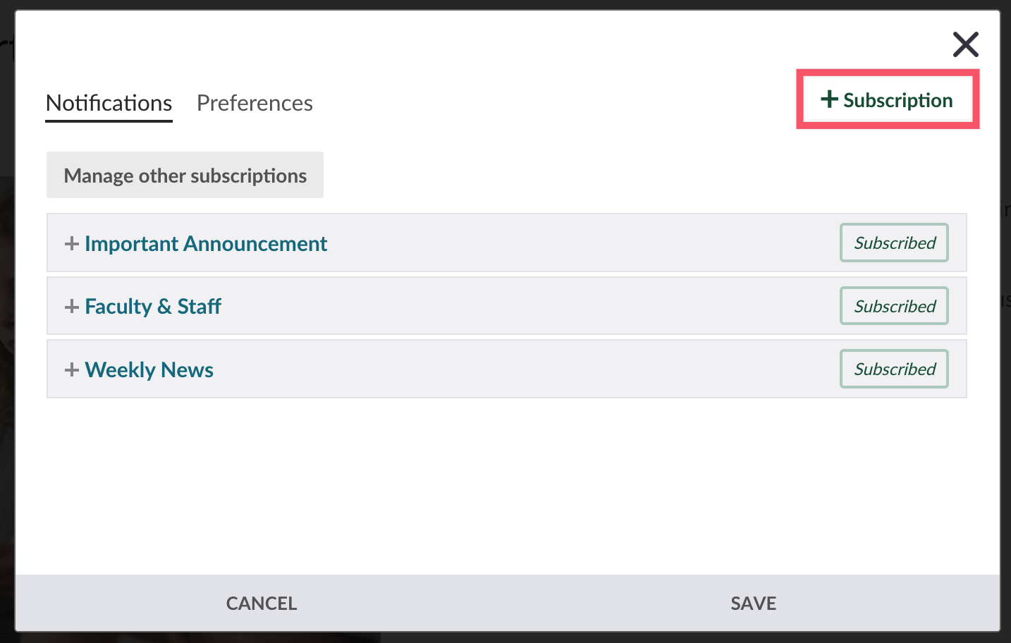 Add subscription button highlighted on Notifications window