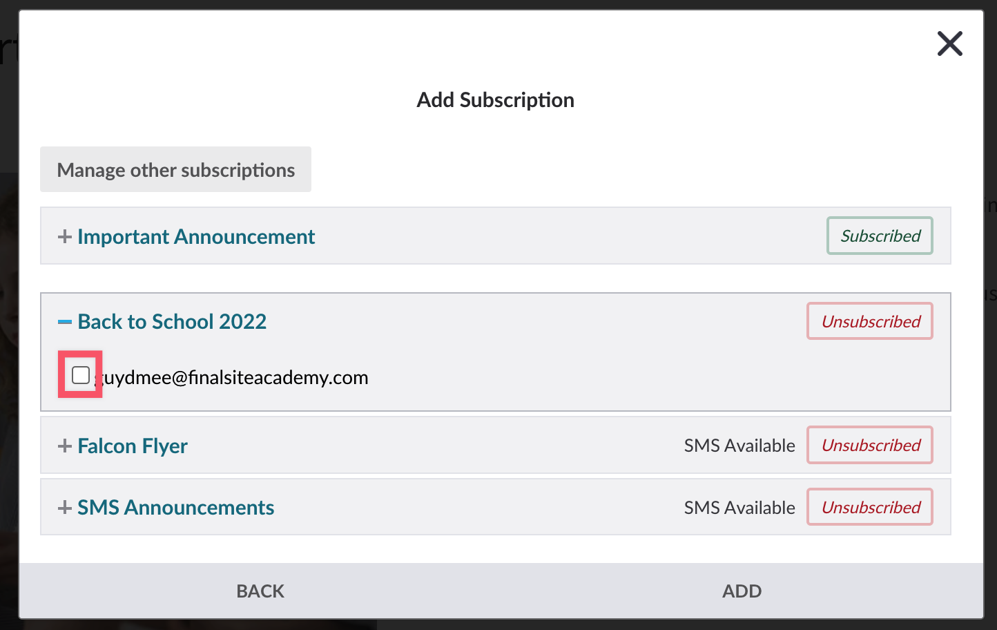 List expanded and checkbox highlighted for subscribing email to a list