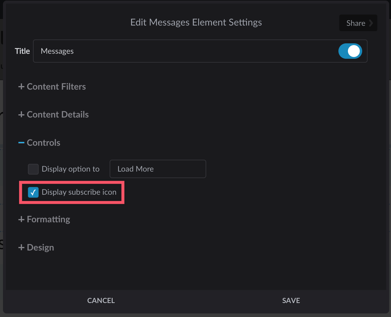 Messages element settings with Display subscribe icon highlighted