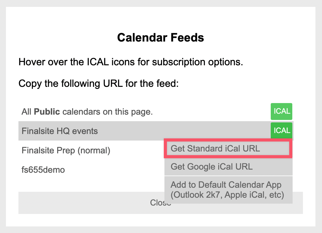 Calendar Feeds display with hover ICAL menu active and Get Standard iCal URL link highlighted