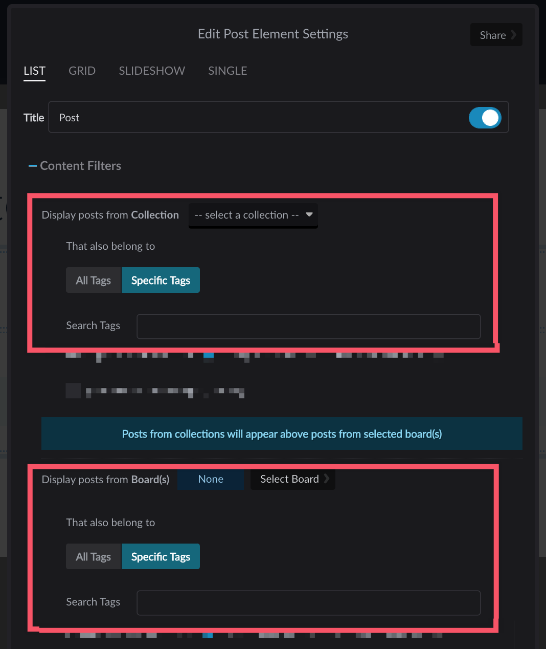 Post element settings with Display posts and tag filters highlighted and all other settings blurred