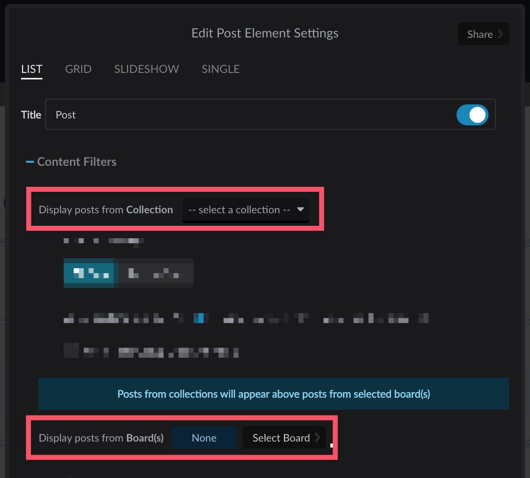 Post element settings with Display posts from Collection and Display posts from Boards highlighted and all other settings blurred