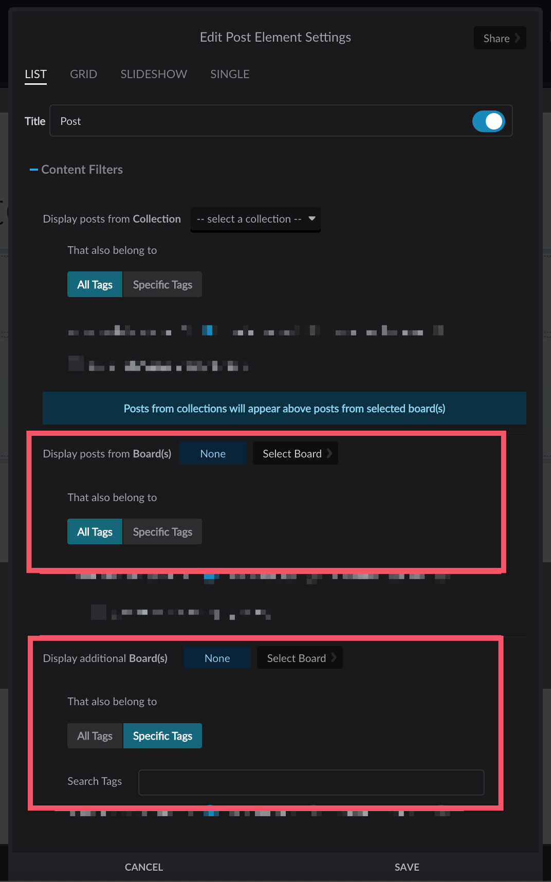 Post element settings with Display posts from Boards and Display additional Boards highlighted and most other settings blurred