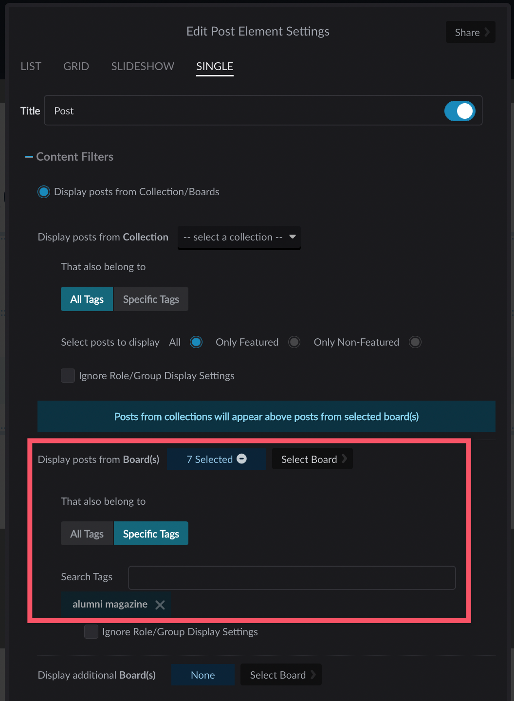 Post element settings showing alumni magazine tag selected and board display settings highlighted