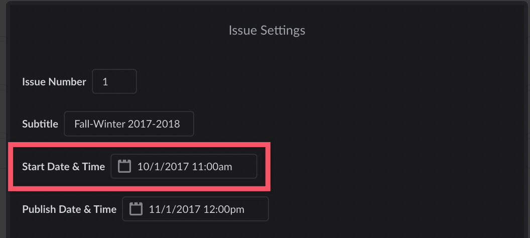 Issue settings within Posts with Start Date & Time field highlighted
