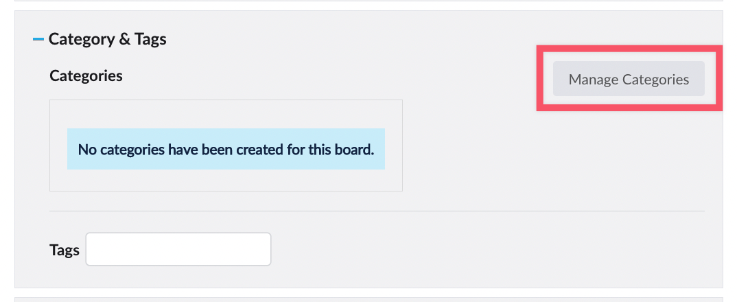 Category & Tags box expanded with Manage Categories button highlighted