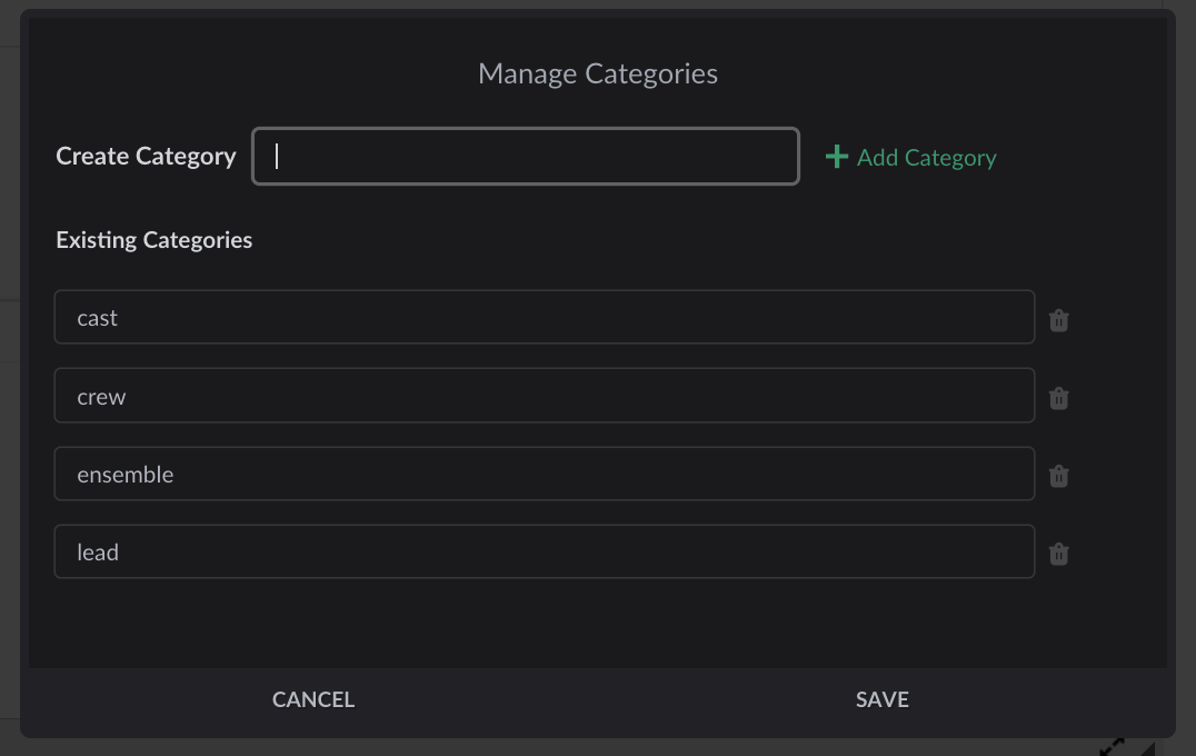 Manage Categories modal showing Create Category field and four categories already created below