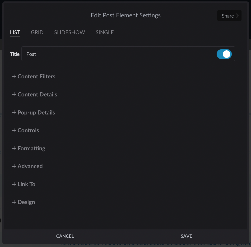 Post element settings modal with all sections collapsed