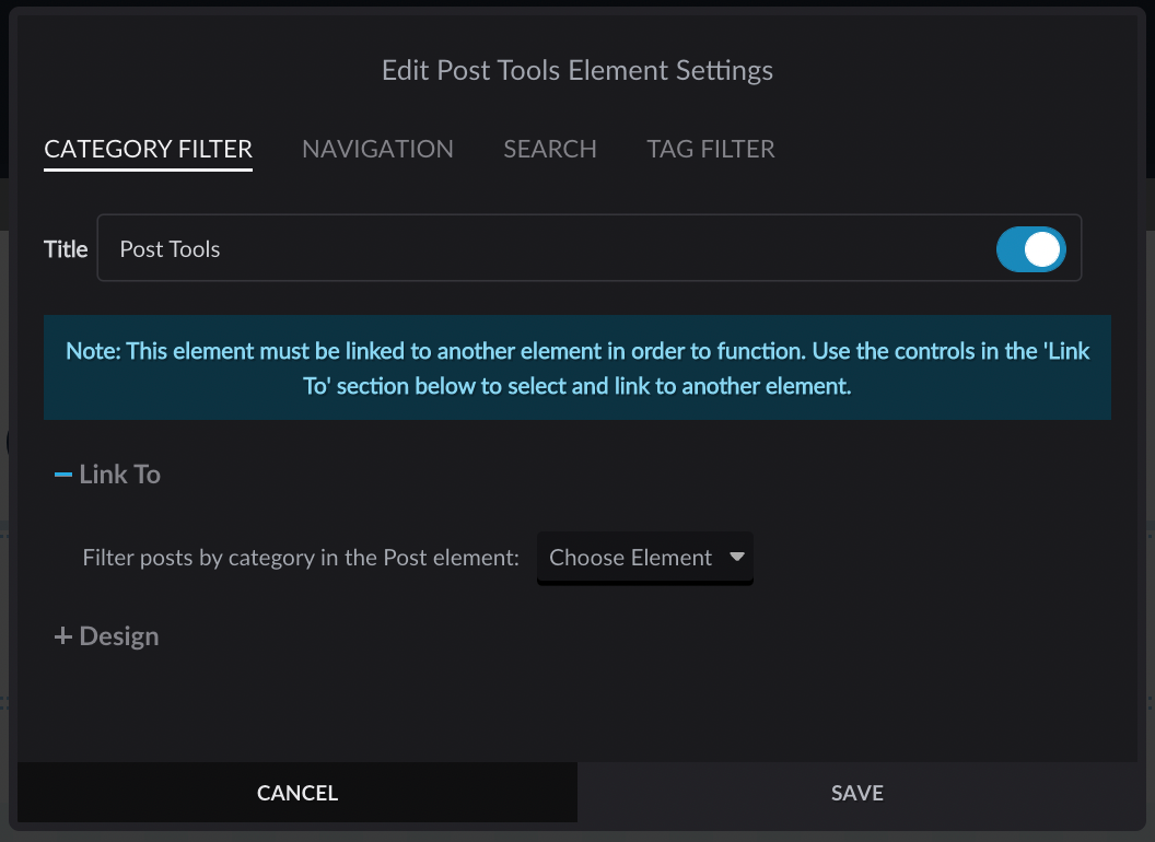Post Tools element settings modal with Category Filter settings visible