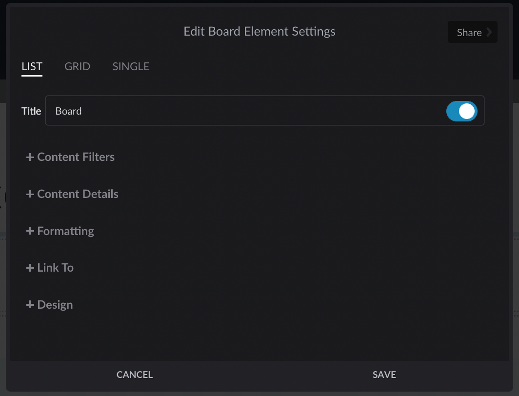 Board element settings modal with all sections collapsed