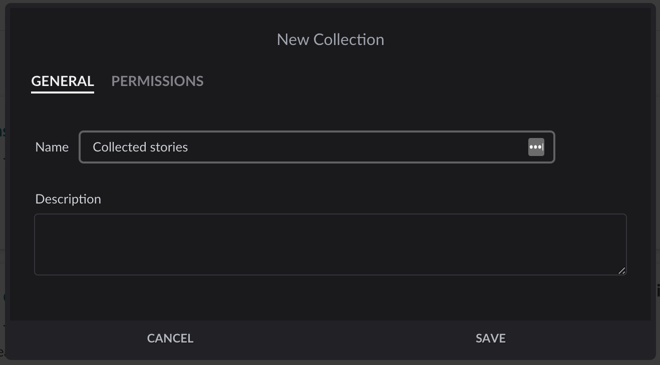 New Collection modal with Collected stories entered into Name field