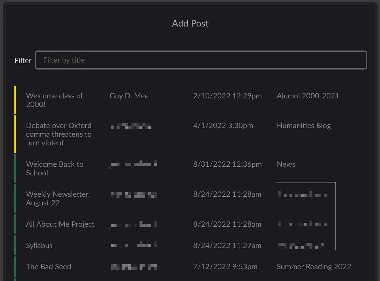 Add Post modal showing list of posts and Filter field