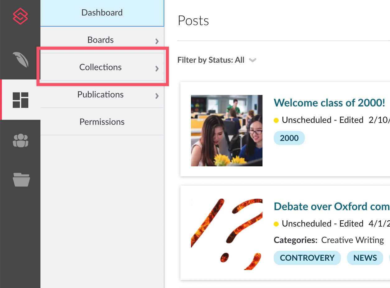 Partial view of Posts dashboard with Collections tab highlighted on side menu