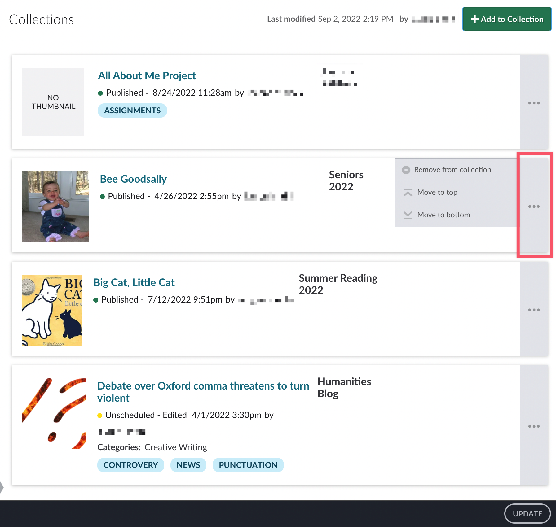 Four posts in a collection with action menu visible and three-dot button highlighted for one post
