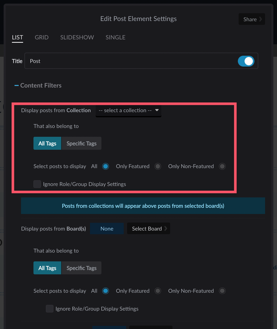 Post element settings with Content Filters section expanded and collection filter settings highlighted