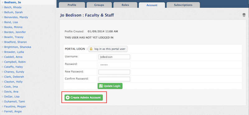 Create Admin Account button highlighted on Account tab of Constituent Manager