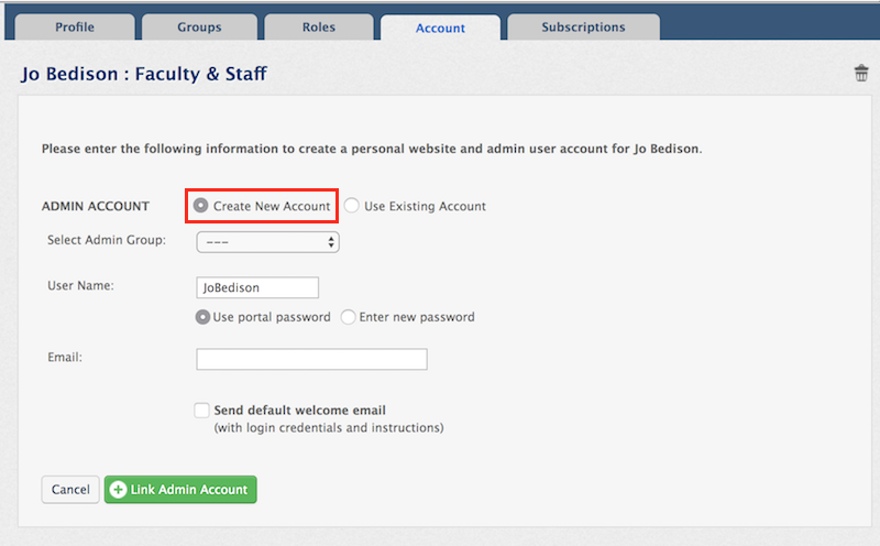 Create New Account radio button highlighted on admin account creation screen